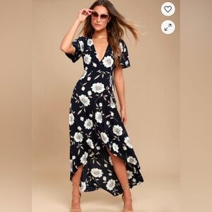 Lake Como Navy Blue Floral Print High-Low Wrap Dress - small